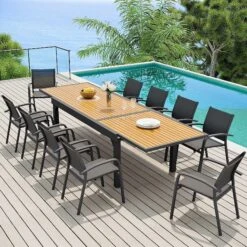 Table De Jardin Extensible 12 Places Aluminium Effet Bois Murano (320 X 100 Cm) - Gris Anthracite