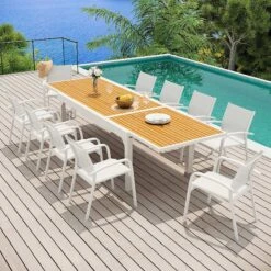 Table De Jardin Extensible 12 Places Aluminium Effet Bois Murano (320 X 100 Cm) - Blanche
