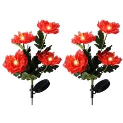 Lot De 2 Piques De Jardin Solaires LED Chrysanthème - Rouge/Blanc Chaud