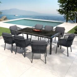 Table De Jardin 8 Places Aluminium/Céramique Modena (180 X 90 Cm) - Gris Anthracite/Noir Marbré