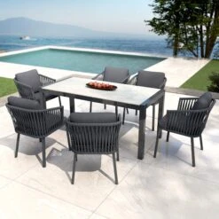 Table De Jardin 6 Places Aluminium/Céramique Modena (150 X 75 Cm) - Gris Anthracite/Gris Clair